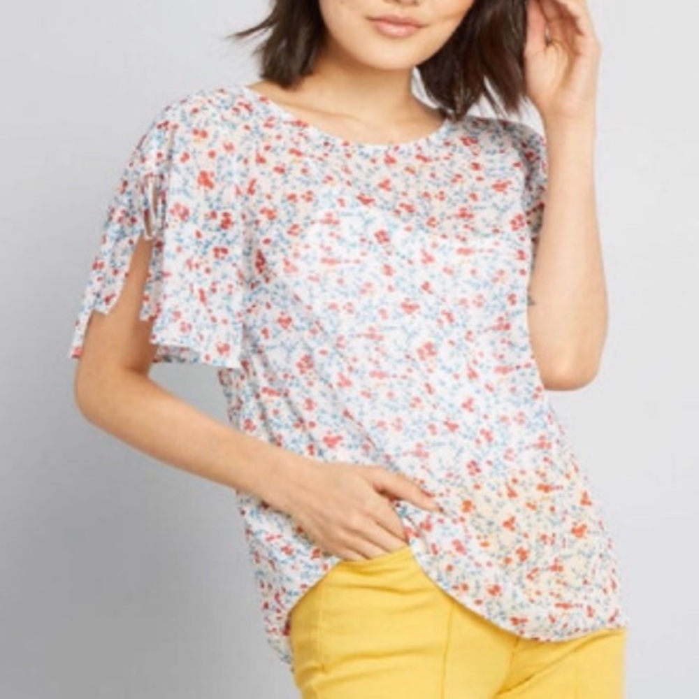ModCloth Sheer Floral Tie Sleeve Blouse